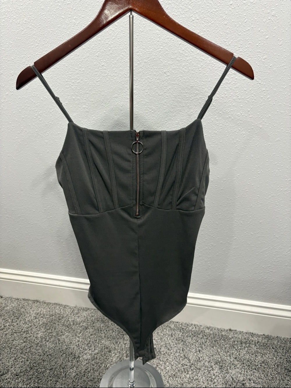 Willow & Root Women's Charcoal Grey Zip-Front Ribbed Bodysuit